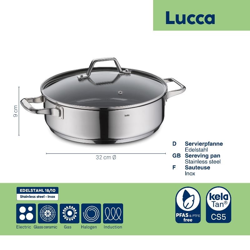 KELA Pánev servírovací s poklicí Lucca nerez 32x9 cm 6l KL-11587