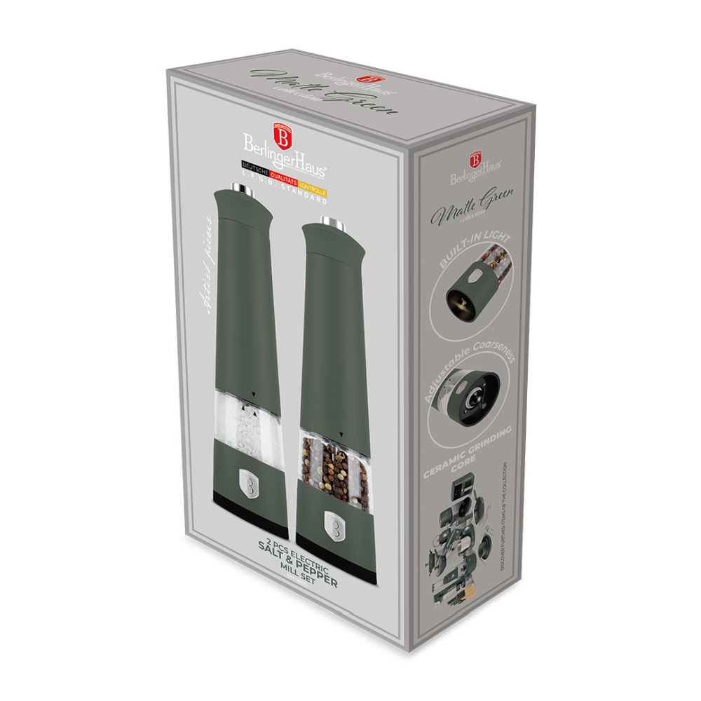 BERLINGERHAUS Mlýnek na pepř a sůl elektrický sada 2 ks Matte Green Collection BH-9885
