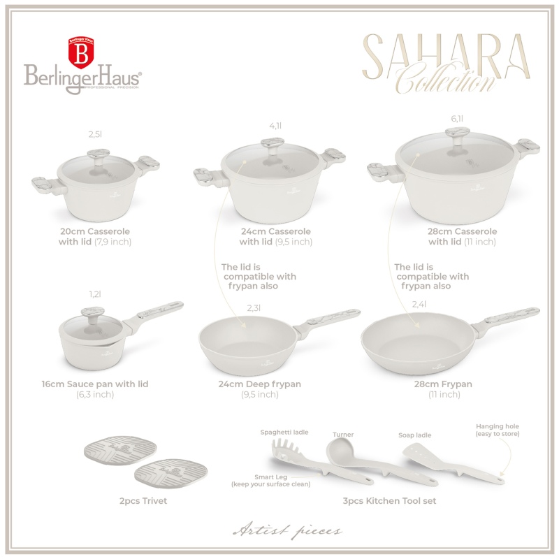 BERLINGERHAUS Sada nádobí s titanovým povrchem 15 ks Sahara Marble Collection BH-8401