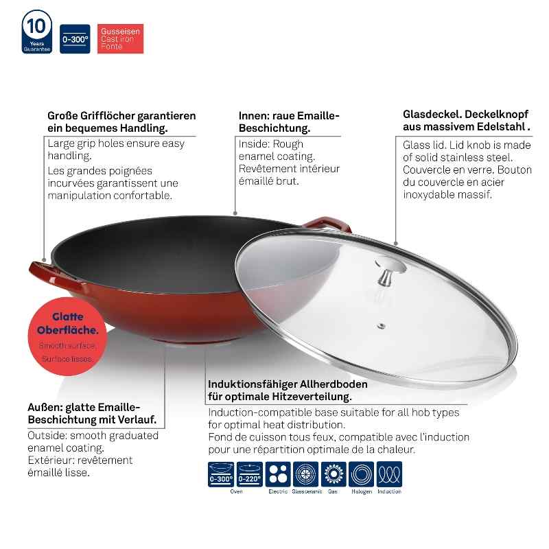 KELA Wok litinový s poklicí CALIDO 36 cm červená KL-11947