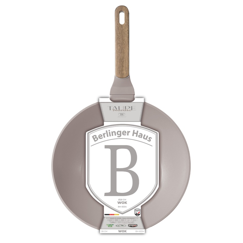 BERLINGERHAUS Pánev WOK s titanovým povrchem a poklicí 28 cm 28 cm Taupe Nordic Collection BH-8334