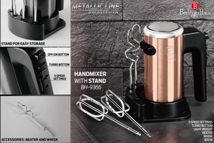 Mixér ruční šlehač s příslušenstvím 300 W Rosegold Metallic Line