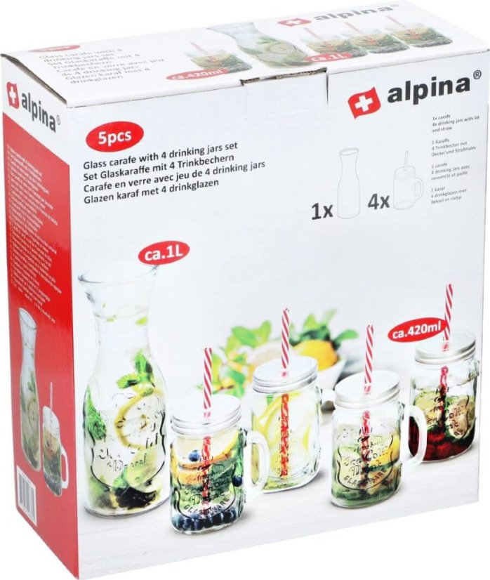 Sklenice s víčkem, brčkem a karafou sada na limonádu 5 ks