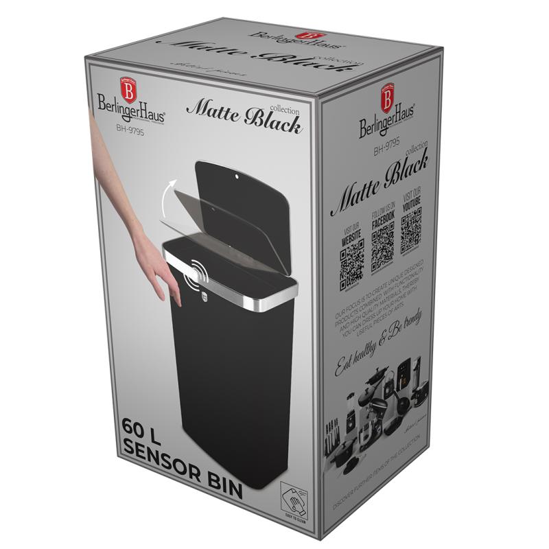 Bezdotykový odpadkový koš na senzor 60 l Matte Black Collection