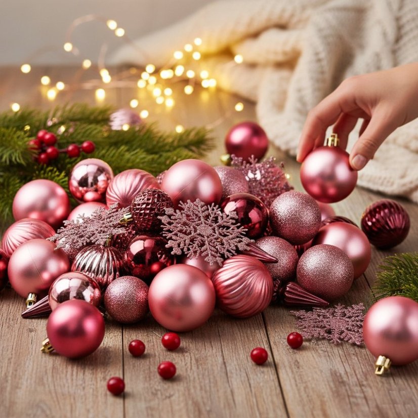 Vánoční ozdoby sada 57 ks růžová