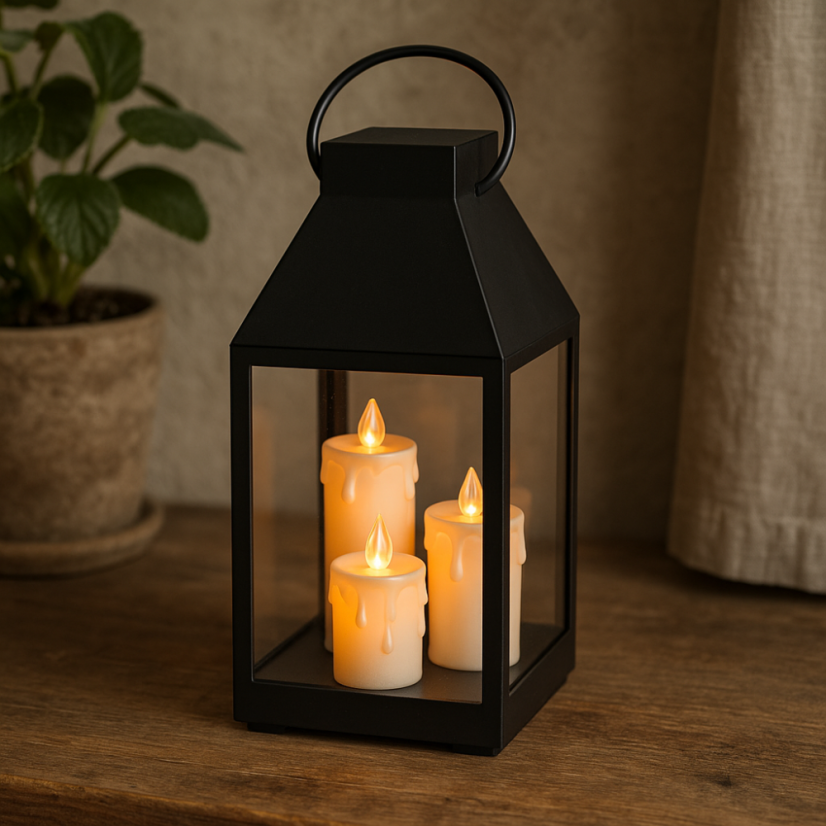 Čierny lampáš s 3 LED sviečkami 35 cm