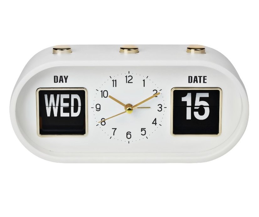Ceas de masă cu ceas deșteptător și calendar flip, alb