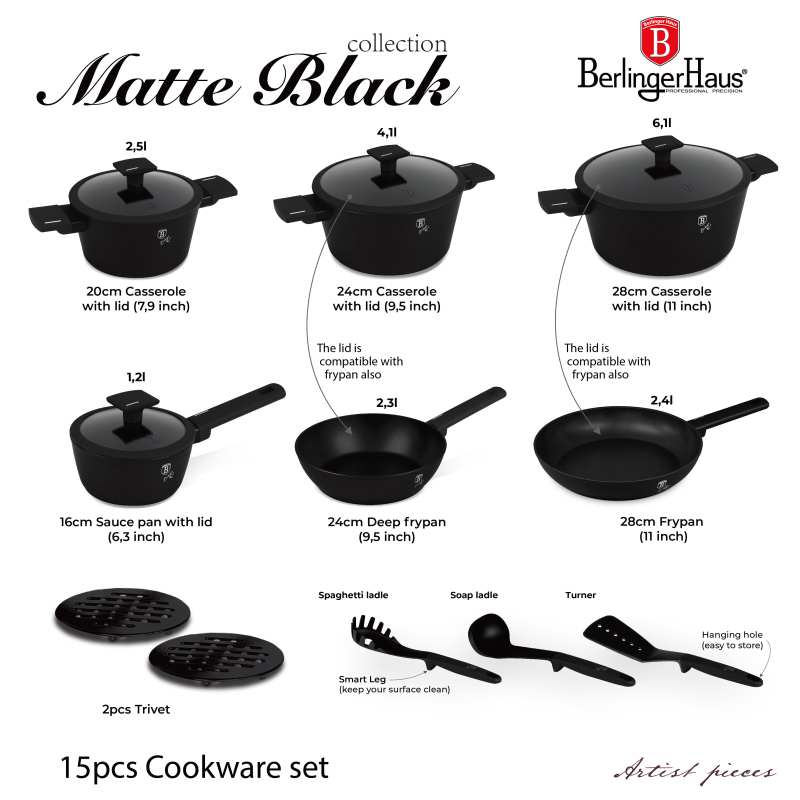 Sada nádobí s titanovým povrchem 15 ks Matte Black Collection