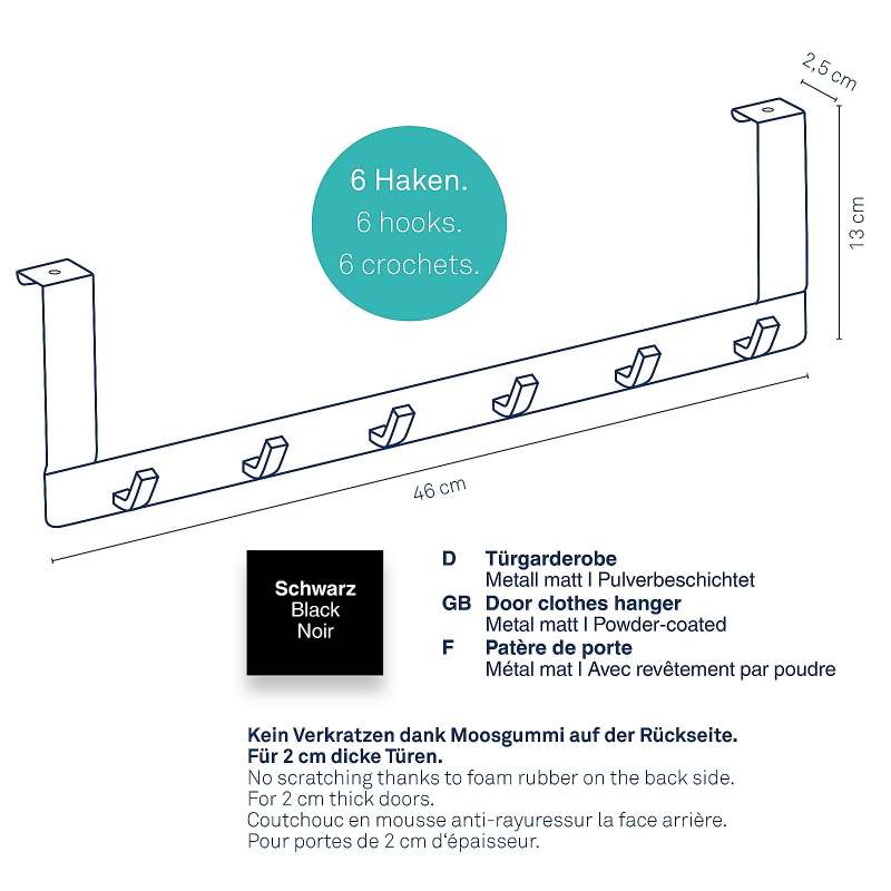 Dveřní věšák 6 háčků Colgar kovový černý 46,0x13,0x2,5cm