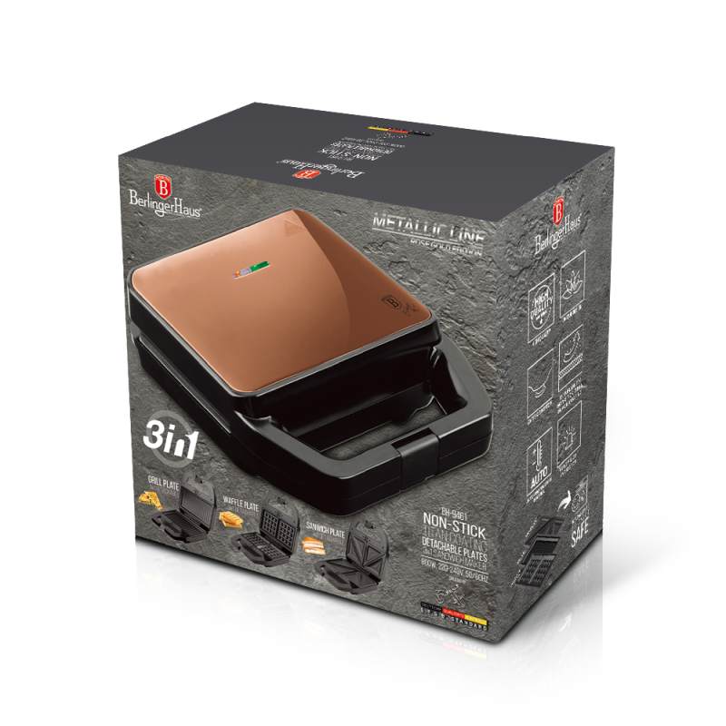 Aparat pentru sandvișuri și vafe cu suprafață antiaderentă 3 în 1 Rosegold Metallic Line