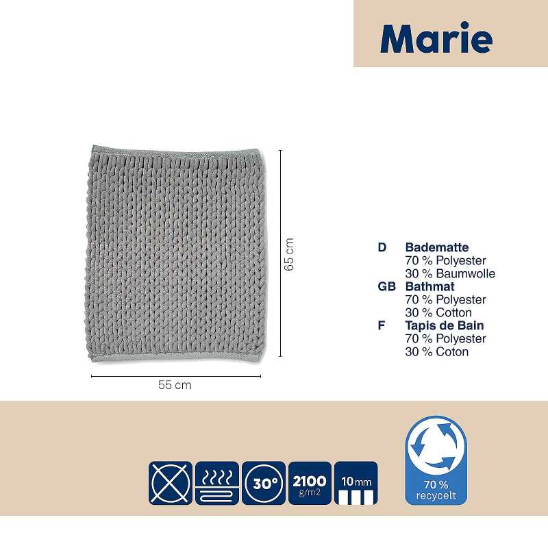 Alfombrilla de baño MASHA 70% PES reciclado/30% algodón gris claro 55x65x2 cm