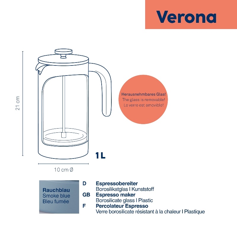 Konvice na čaj a kávu frenchpress kouřově modrá 1l