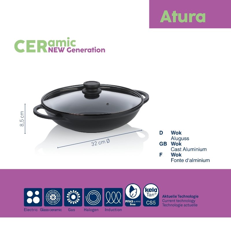 WOK pánev s keramickým povrchem a poklicí ATURA 32 cm