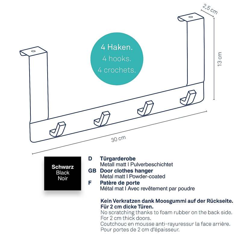 Dveřní věšák 4 háčky Colgar kovový černý 30,0x13,0x2,5cm