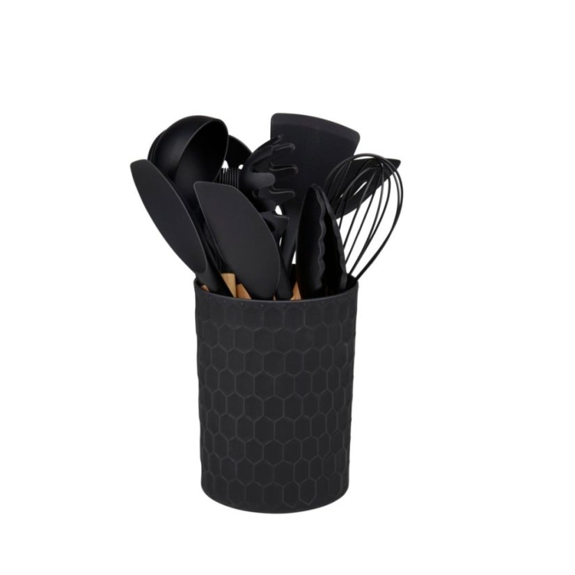 Kuchyňské náčiní s bambusovou rukojetí ve stojanu 12 ks 32 cm černá