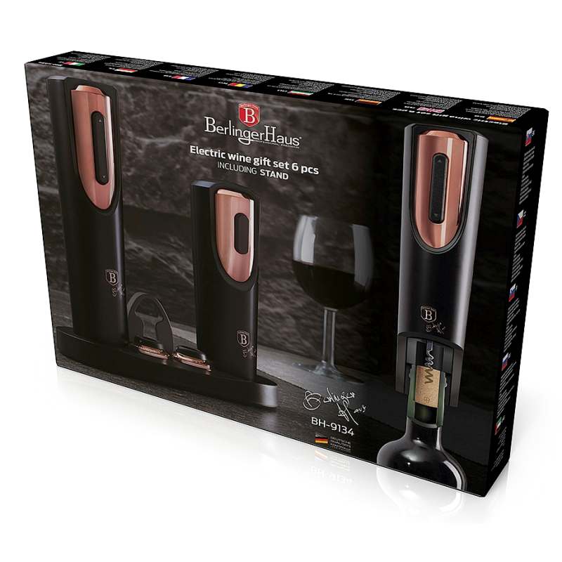 Vývrtka elektrická + vakuová pumpa na víno Black Rose Collection