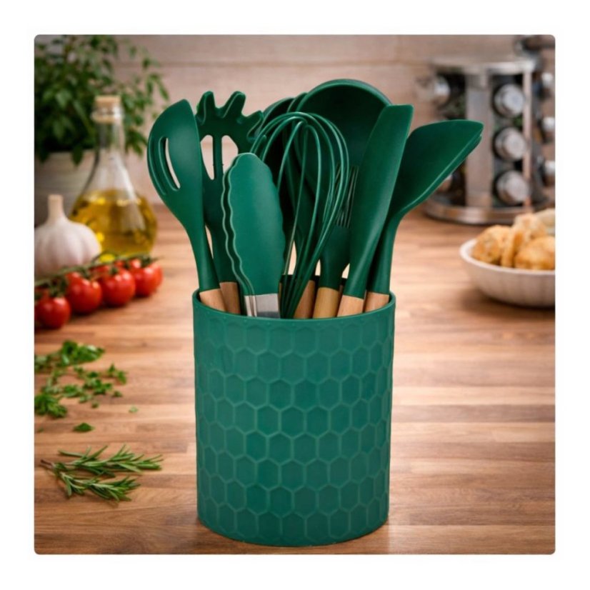 Kuchyňské náčiní s bambusovou rukojetí ve stojanu 12 ks 32 cm mátově zelená