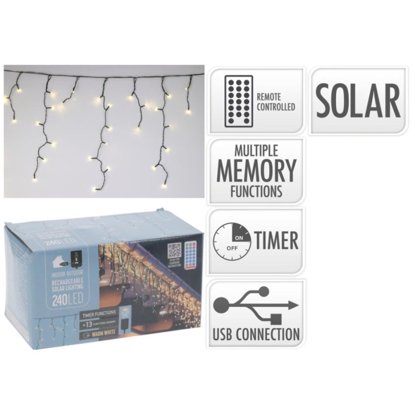 Ghirlandă luminoasă solară cu 240 de LED-uri, alb cald