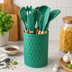 Ustensile de bucătărie cu mâner din bambus, în suport, 12 bucăți, 32 cm, verde mentă