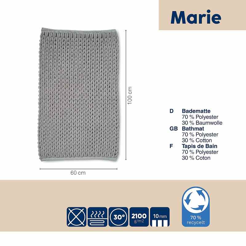 Koupelnová předložka MARIE 70% recyklovaný PES/30% bavlna světle šedá 60x100x2 cm