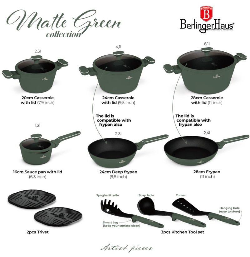 Sada nádobí s titanovým povrchem 15 ks Matte Green Collection