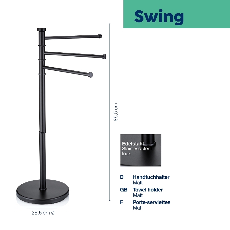 Držák na ručníky Swing lakovaná nerez, černý 85,5 x 28,5
