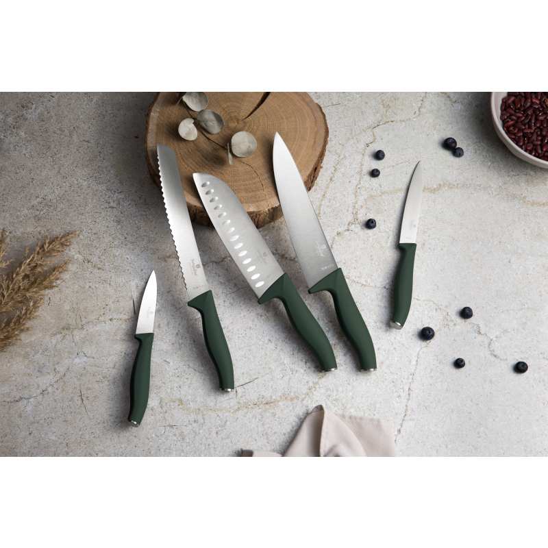 Sada nožů s magnetickým držákem z akátového dřeva 6 ks Matte Green Collection