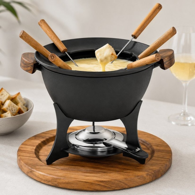 Fondue sada COUNTRY, 11-dielna, liatina / drevo