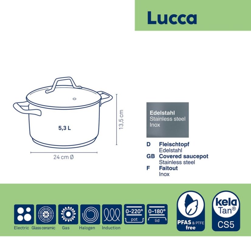 Hrnce s pokrievkou z nehrdzavejúcej ocele Lucca 24 cm 5,3 l