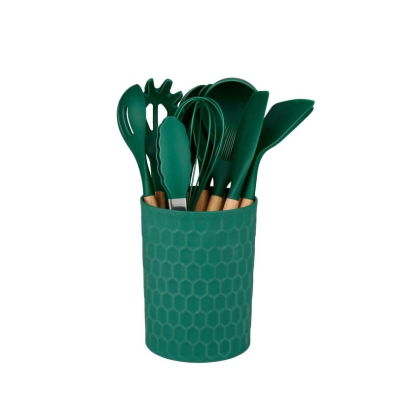 Kuchyňské náčiní s bambusovou rukojetí ve stojanu 12 ks 32 cm mátově zelená