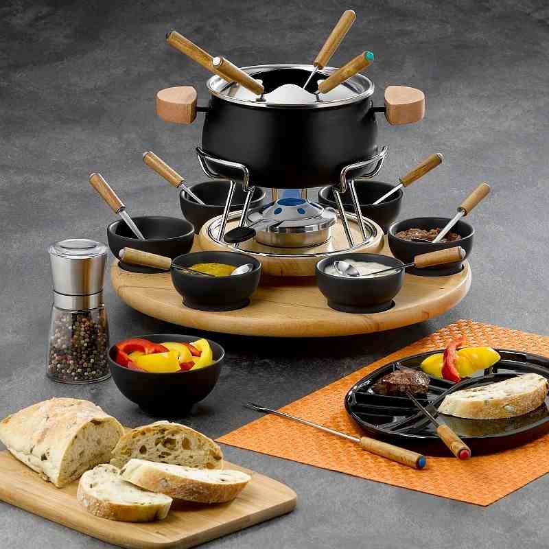 Fondue sada 23 ks NATURA smalt / keramika / dřevo