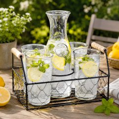 Sklenice na limonádu s karafou a košíkem sada 6 ks 1l