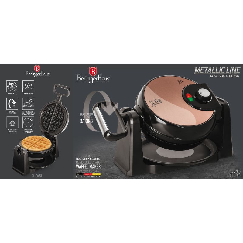 Aparat rotativ pentru vafe pentru 4 vafe cu suport Rosegold Metallic Line