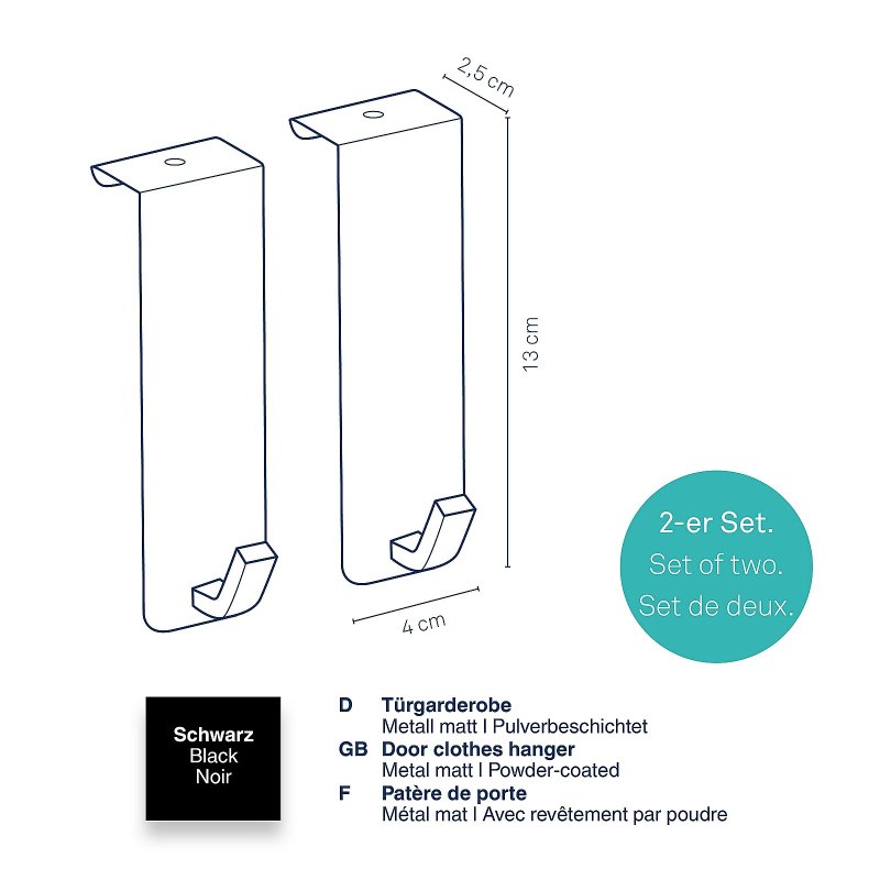 Dveřní věšák na kabáty s jedním háčkem Colgar kovová černá sada 2 ks 13,0x4,0x2,5cm