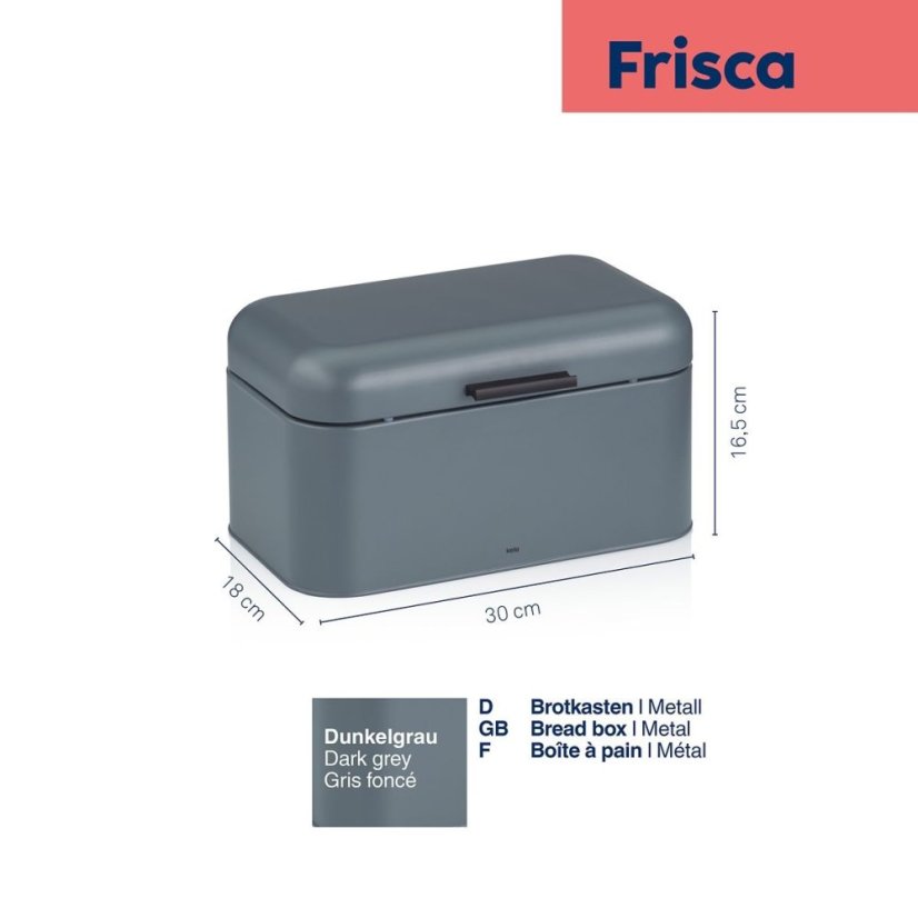 Dóza na chlieb Frisca kovová, sivá 30x18x16,5 cm