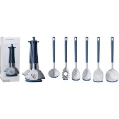 Ustensile de bucătărie în stand set de 7 bucăți albastru-gri