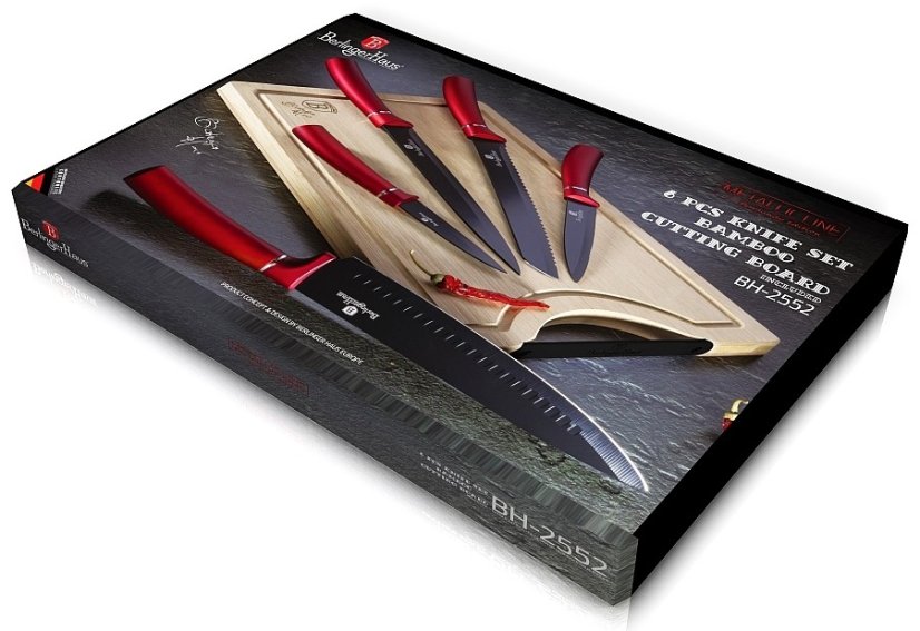 Sada nožů s nepřilnavým povrchem + prkénko 6 ks Burgundy Line