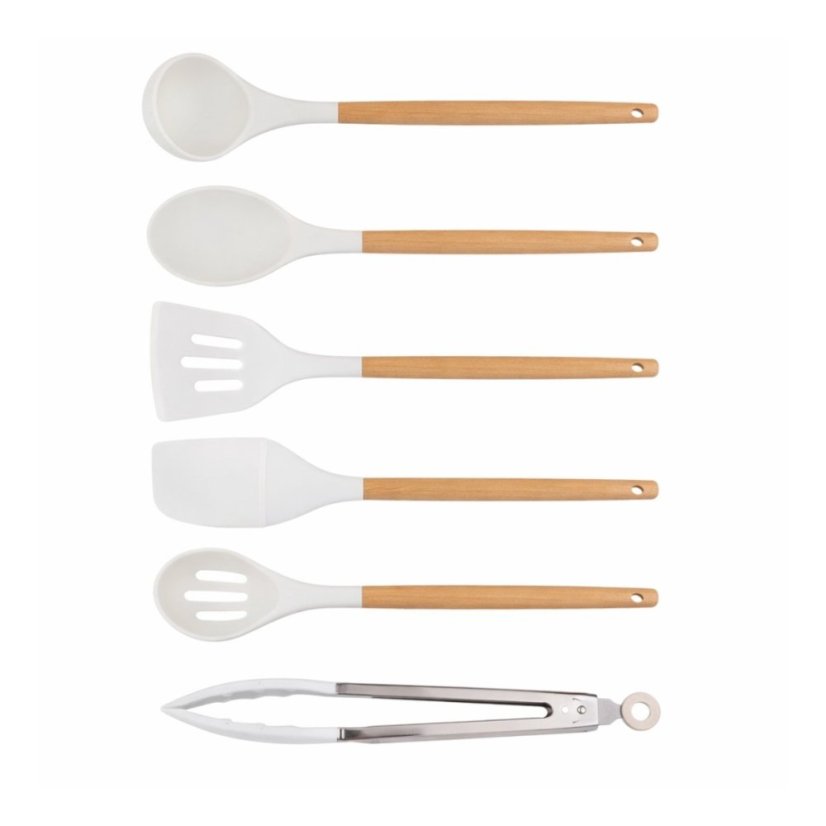 Ustensile de bucătărie cu mâner din bambus, în suport, 12 bucăți, 32 cm, alb