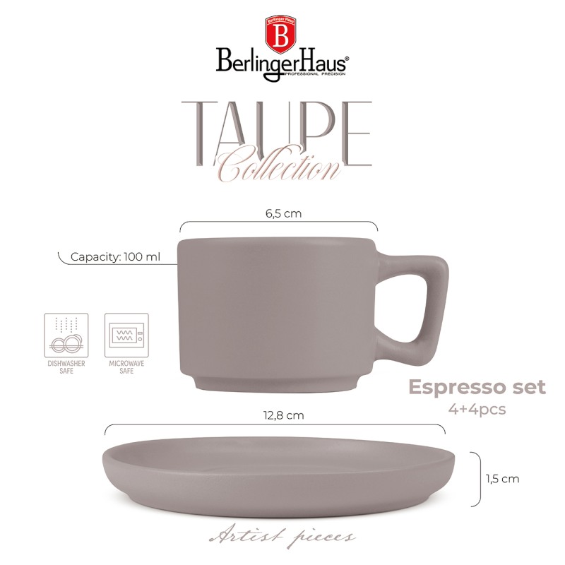 Sada hrnků na espresso s podšálkem 8 ks 100 ml Taupe Collection