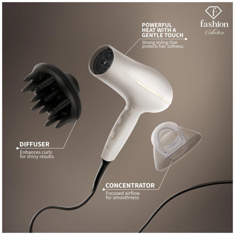 Uscător de păr profesional cu difuzor și ionizator, 2300 W, din colecția Cream Gold