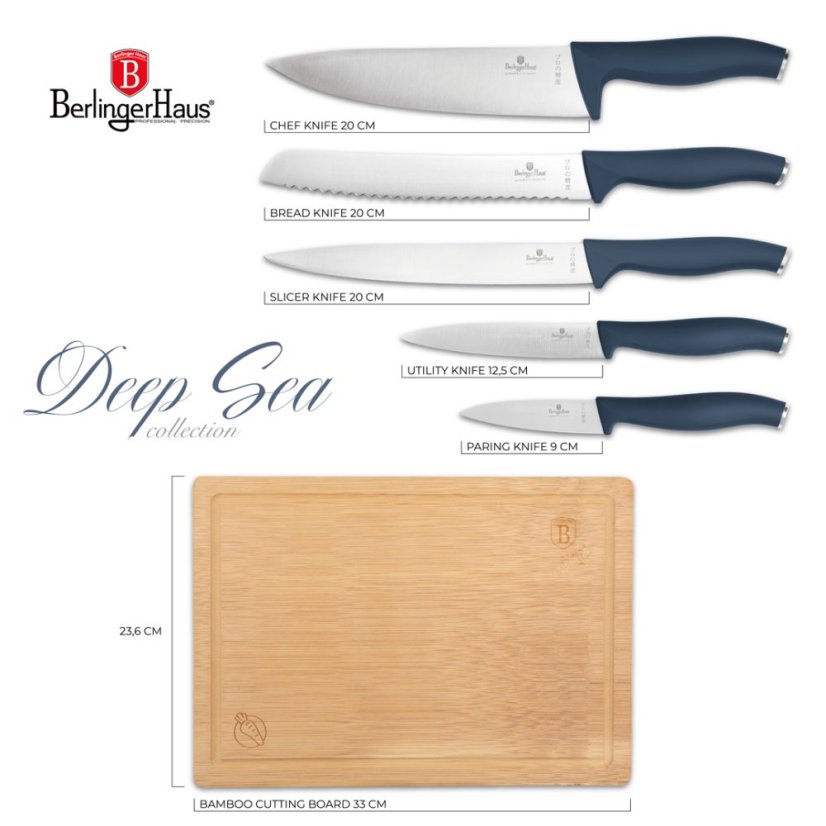 Sada nožů 6 ks s bambusovým prkénkem Deep Sea Collection