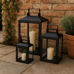 Lanternă metal set 3 buc sticlă 44+35+28cm