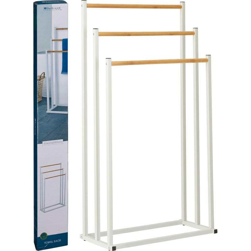 Biely kovový stojan na uteráky s bambusom