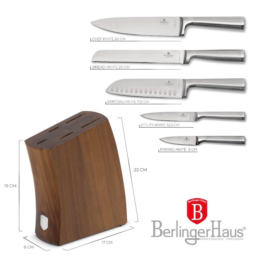 Sada nožů se stojanem z akátového dřeva 6 ks Stainless steel
