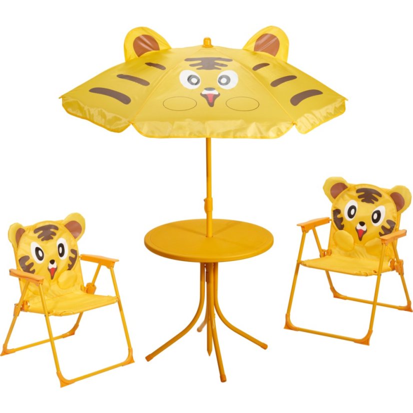 Záhradný nábytok detský stôl, 2 stoličky + slnečník s motívom tigra