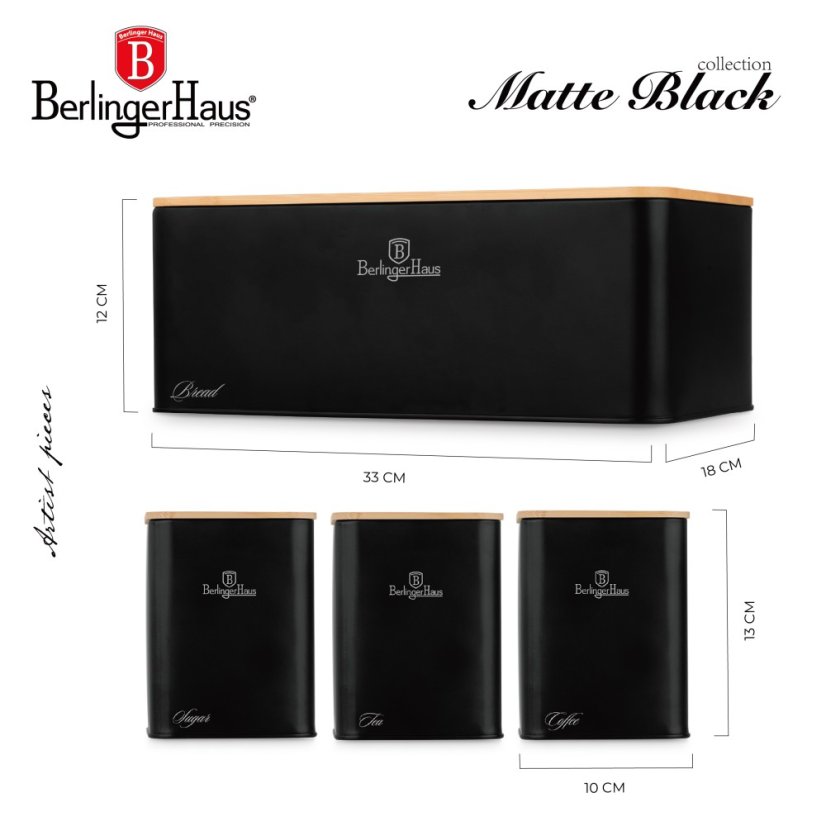 Cutie pentru pâine și set de 4 recipiente pentru alimente din colecția Matte Black