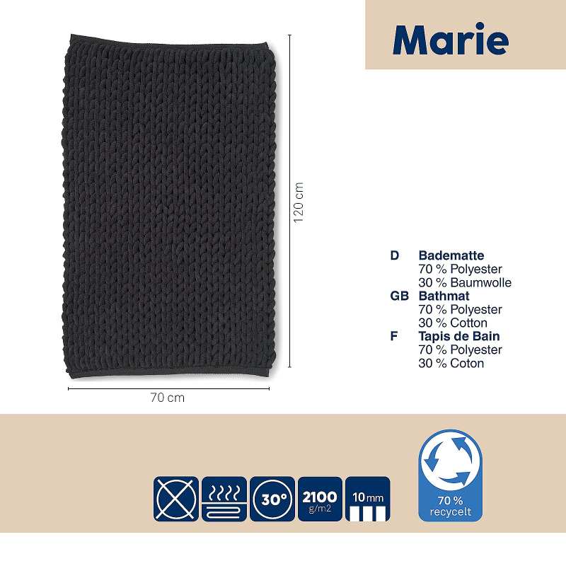 Alfombrilla de baño MASHA 70% PES reciclado/30% algodón negro 120x70x2 cm