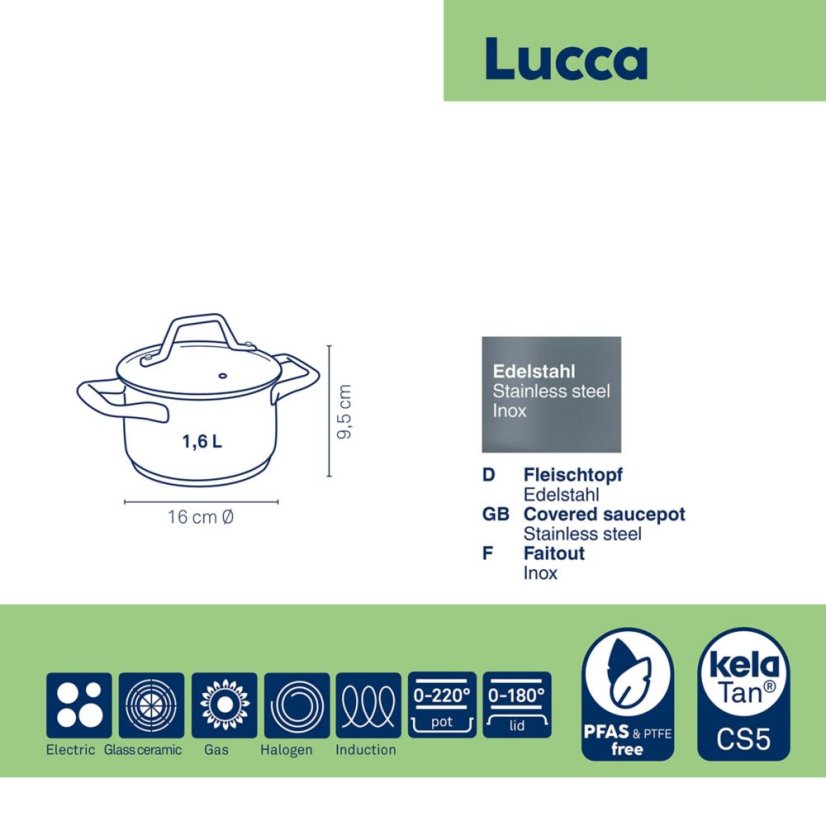 Hrnce s pokrievkou z nehrdzavejúcej ocele Lucca 16 cm, 1,6 l