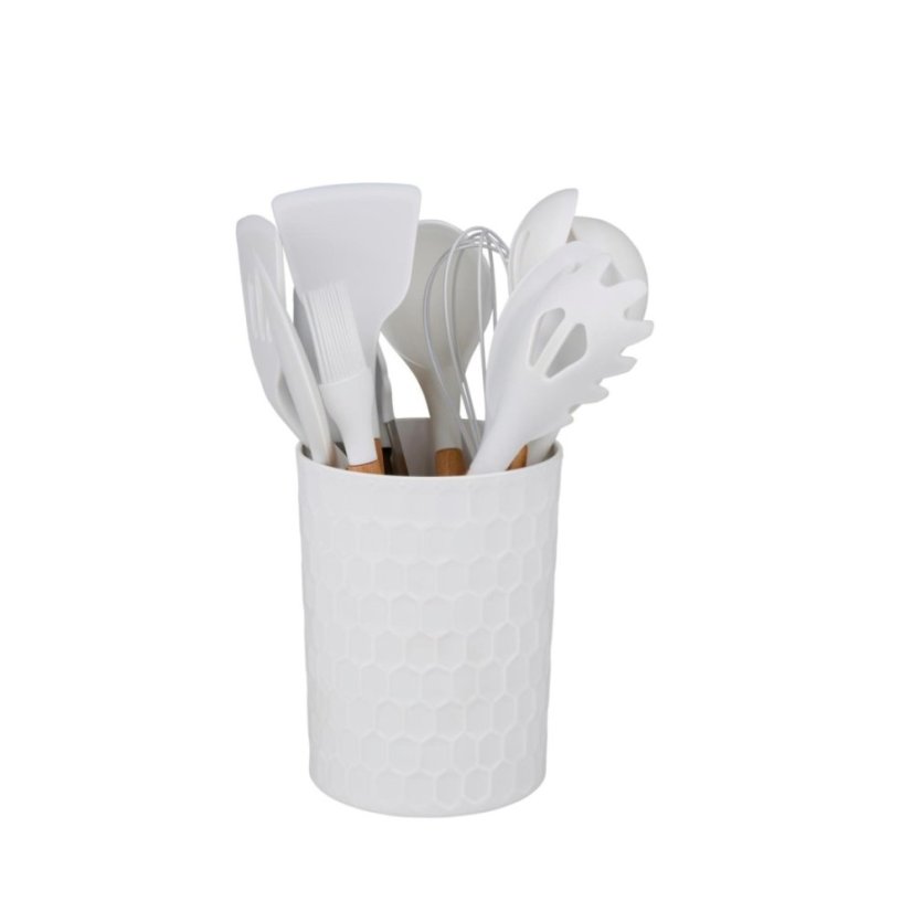 Ustensile de bucătărie cu mâner din bambus, în suport, 12 bucăți, 32 cm, alb