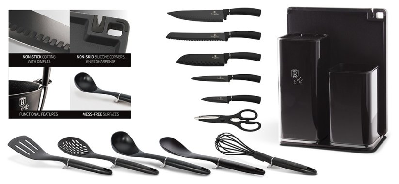 Sada nožů ve stojanu + kuchyňské náčiní a prkénko sada 13 ks Carbon Metallic Line